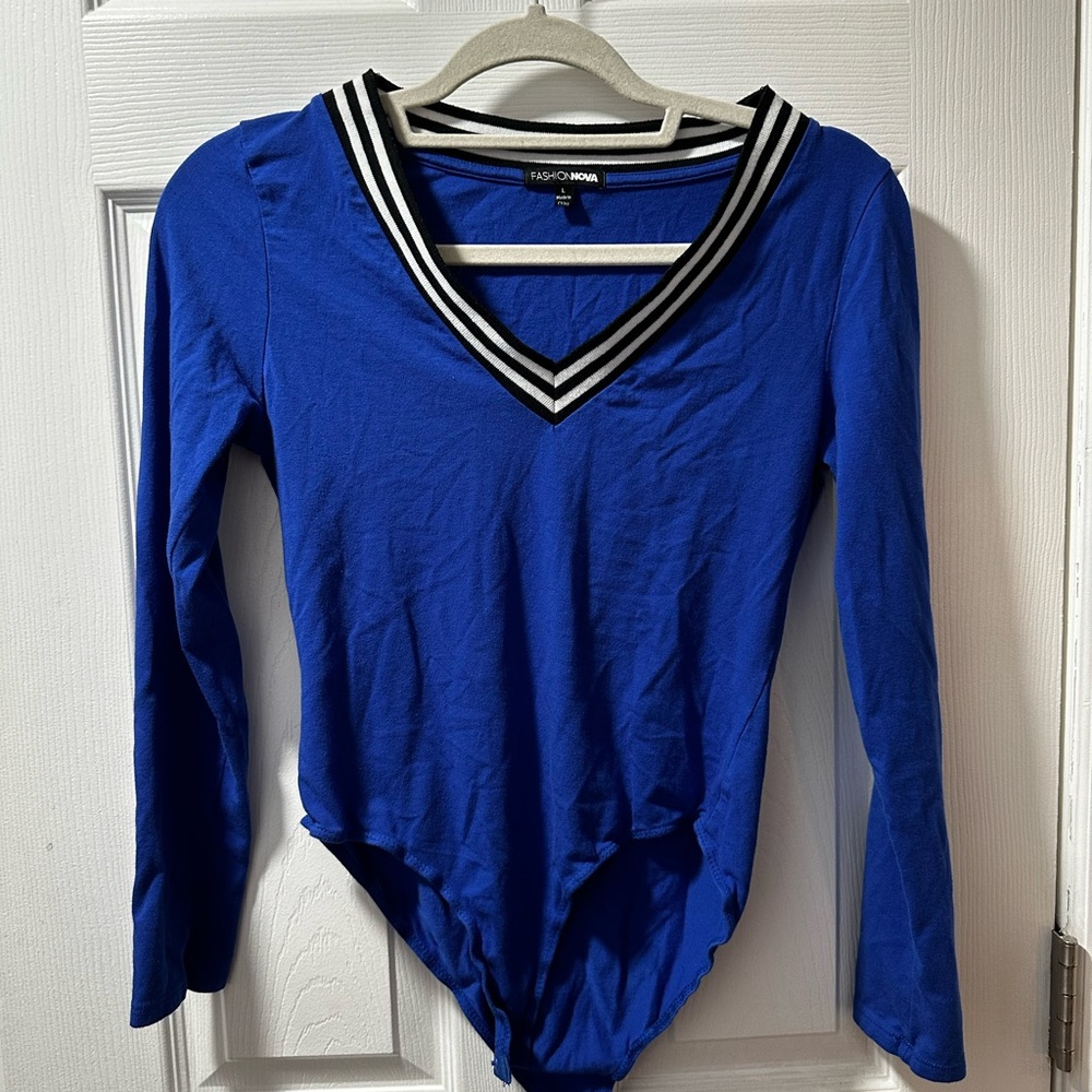 Fashion Nova Blue V-Neck Bodysuit with Striped Collar
